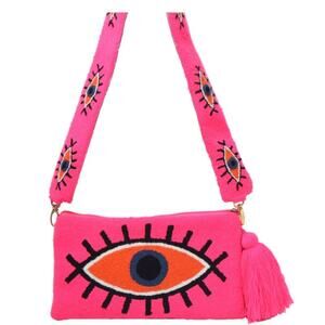 Handmade Evil Eye Woven Pink Clutch Purse Tassel, Crossbody Strap
